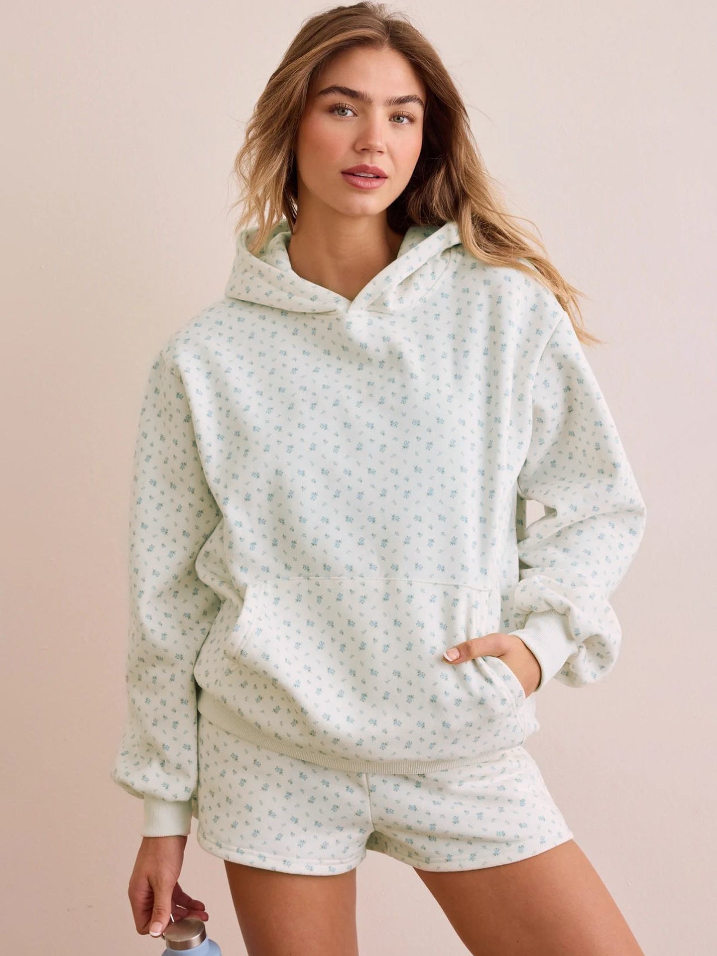Loose Floral Hooded Sweatshirt High-Waist Sports Shorts Home Leisure Two-Piece Set