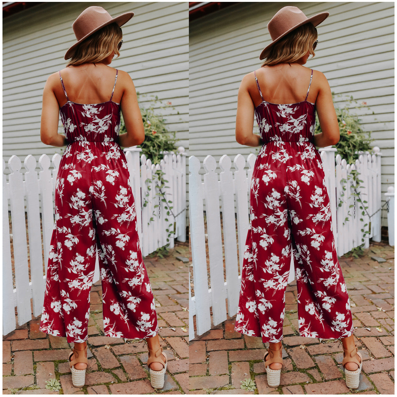 Sexy V-neck Strapless Shoulder-baring Floral Jumpsuit Multi-color Loose Backless Bodysuit