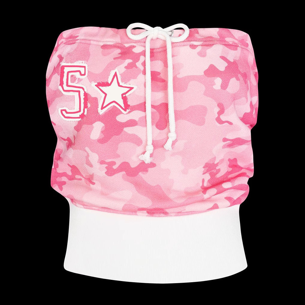 Y2K Retro Digital Print Tube Top and Strap Shorts Set for Casual Vacation Wear