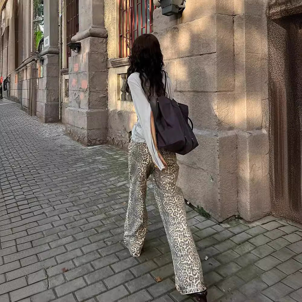 Retro Leopard Print Denim Pants Street Hip Hop Beige Straight Wide Leg High Waist Loose Denim Pants for Women