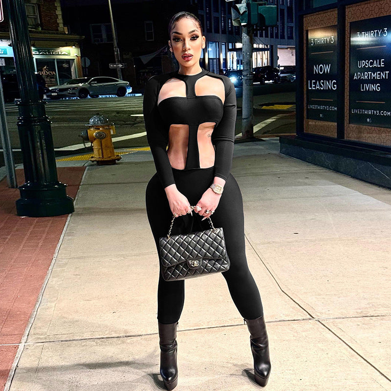 Hollow out elastic slim fit long sleeved sports pants for women