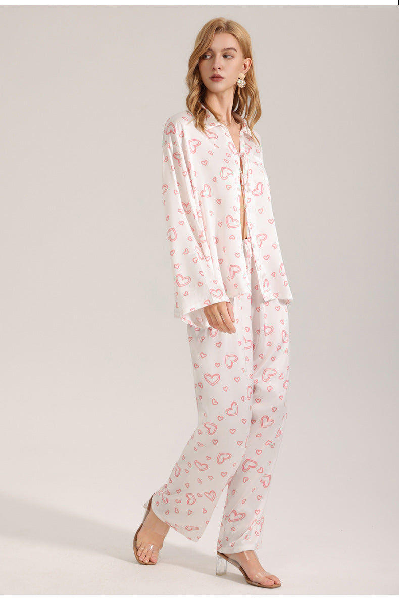 Three-Piece Pajama Set with Heart Print - Strap Top, Long Sleeve, and Long Pants for Women