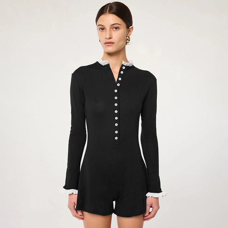 Color Block Button Front Long Sleeve Jumpsuit Women