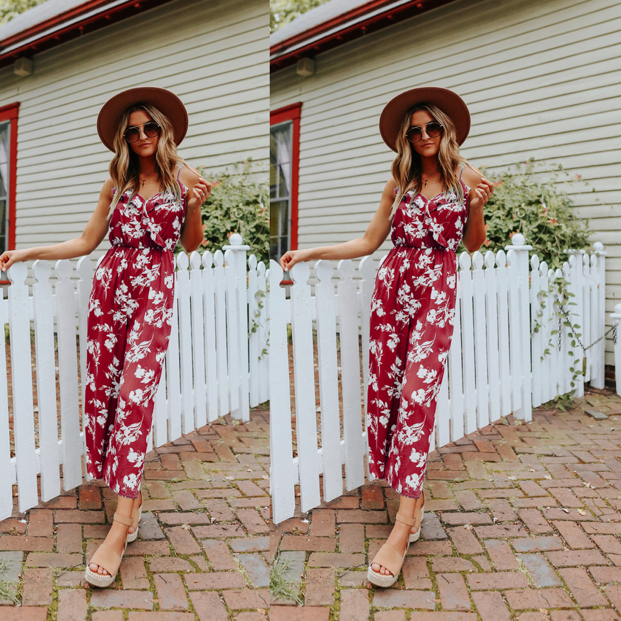 Sexy V-neck Strapless Shoulder-baring Floral Jumpsuit Multi-color Loose Backless Bodysuit