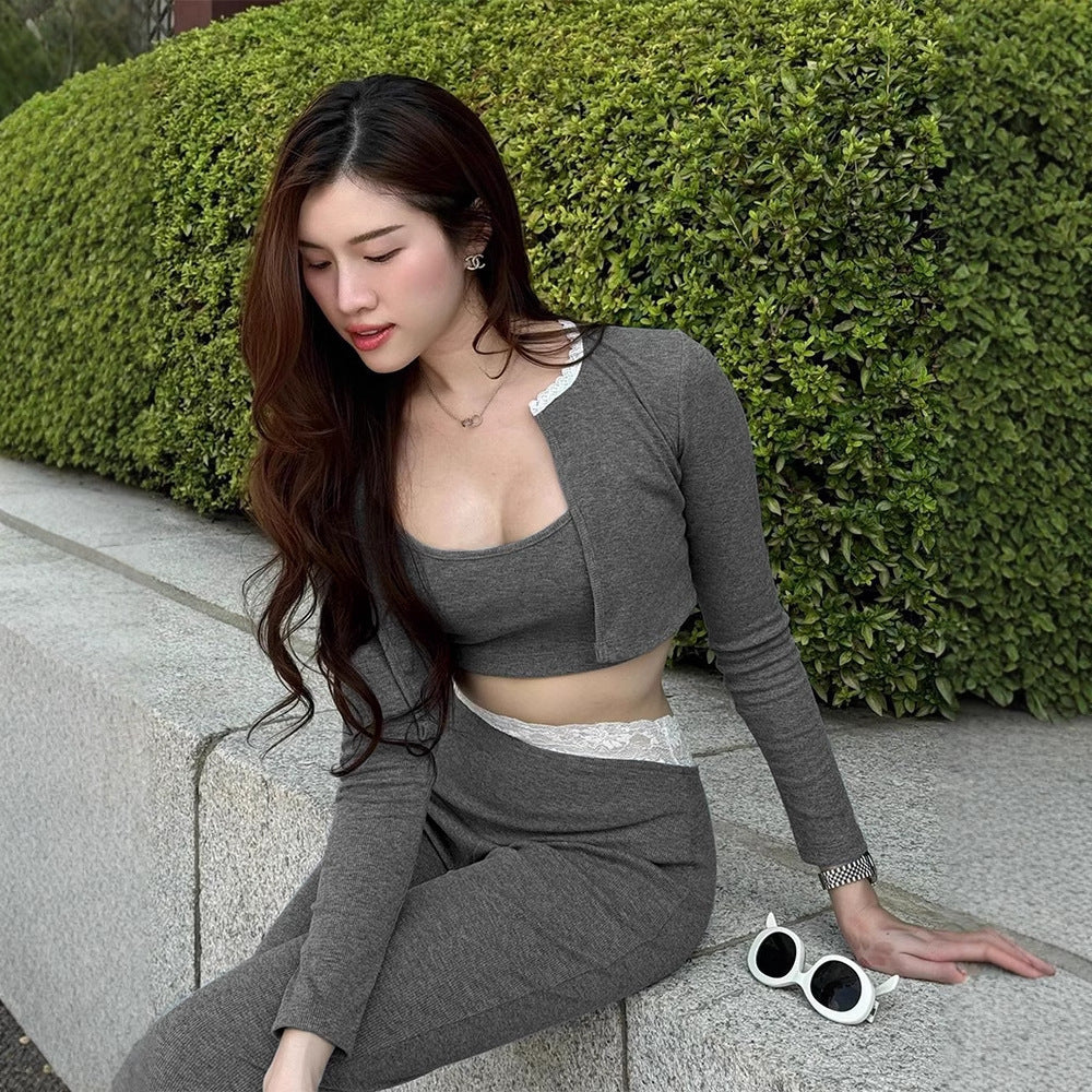 Hollow Knit Lace Trim Cardigan Slim Long Sleeve Trousers 3-Piece Set for Women