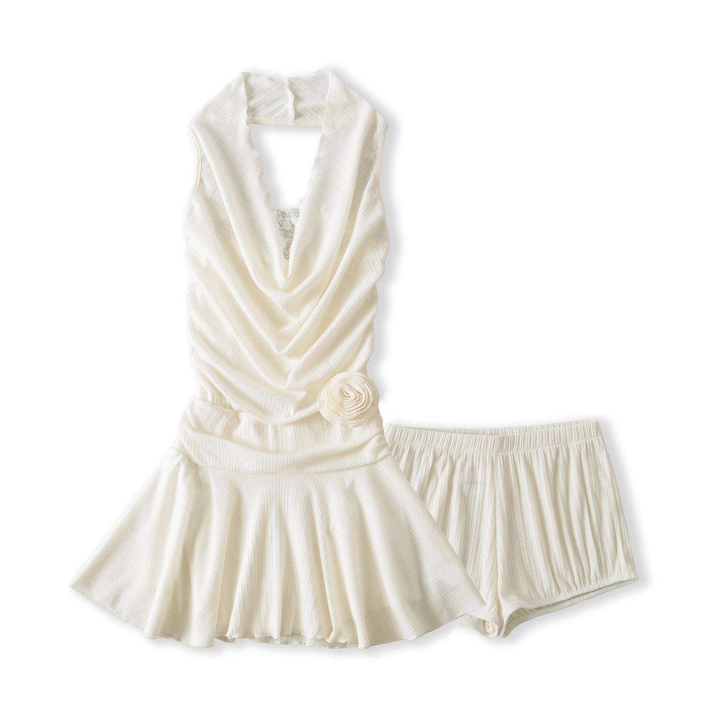 Swing collar lace two-piece waist cinching floral short dress