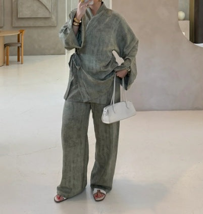 Women's Clothing Kimono-style Belted Top + Wide-leg Long Pants Two-piece Set