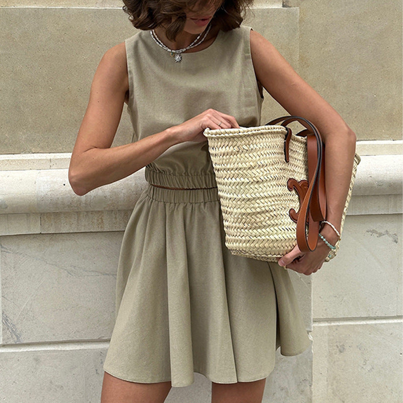 Round Neck Pleated Skirt Solid Color Comfortable Short Skirt Casual Commuting Set for Women