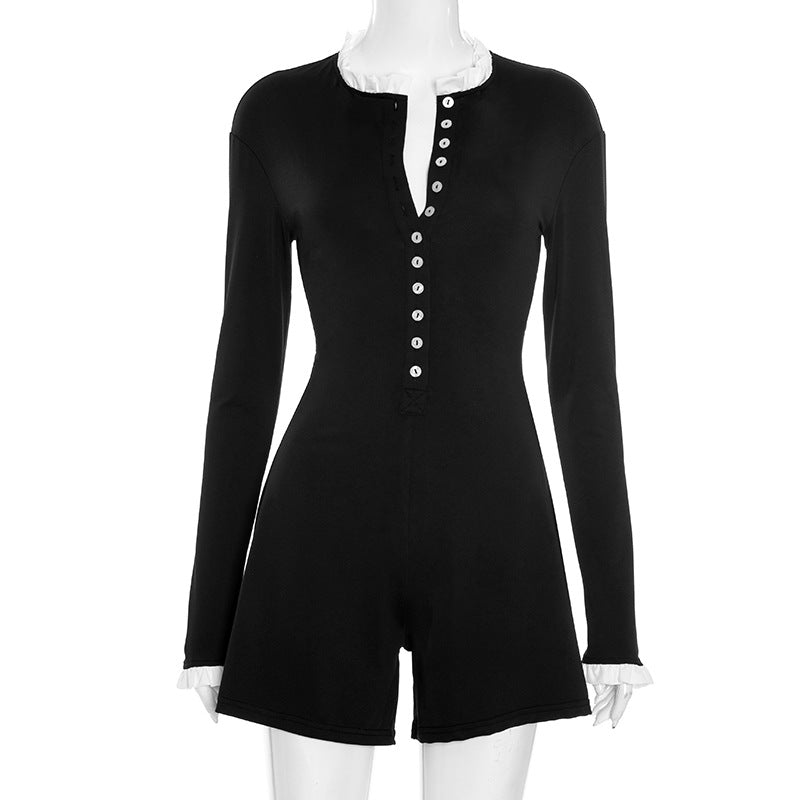 Color Block Button Front Long Sleeve Jumpsuit Women