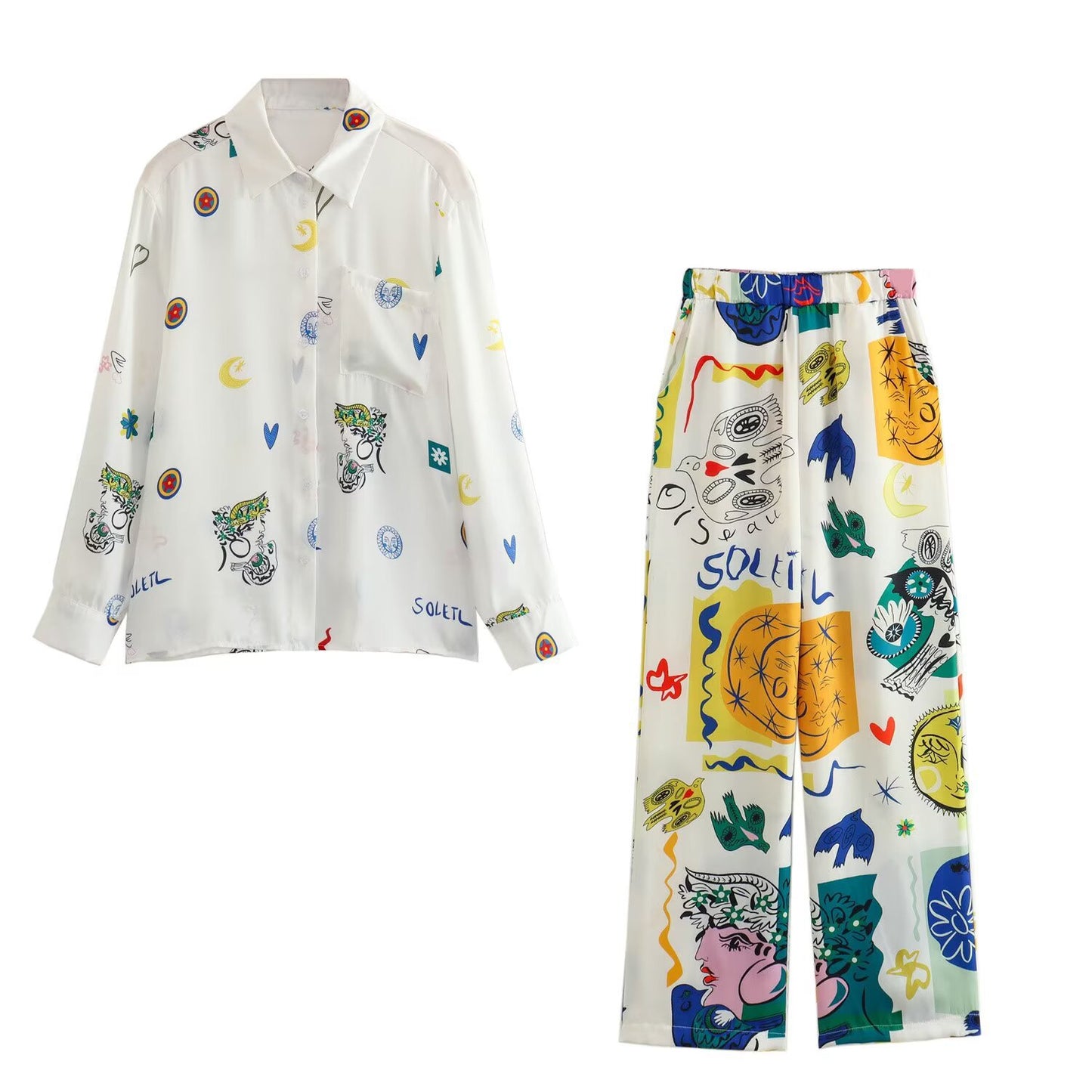 Women's Clothing Unique Graffiti Lantern Sleeve Cardigan Casual Fashion Printed Shirt + Long