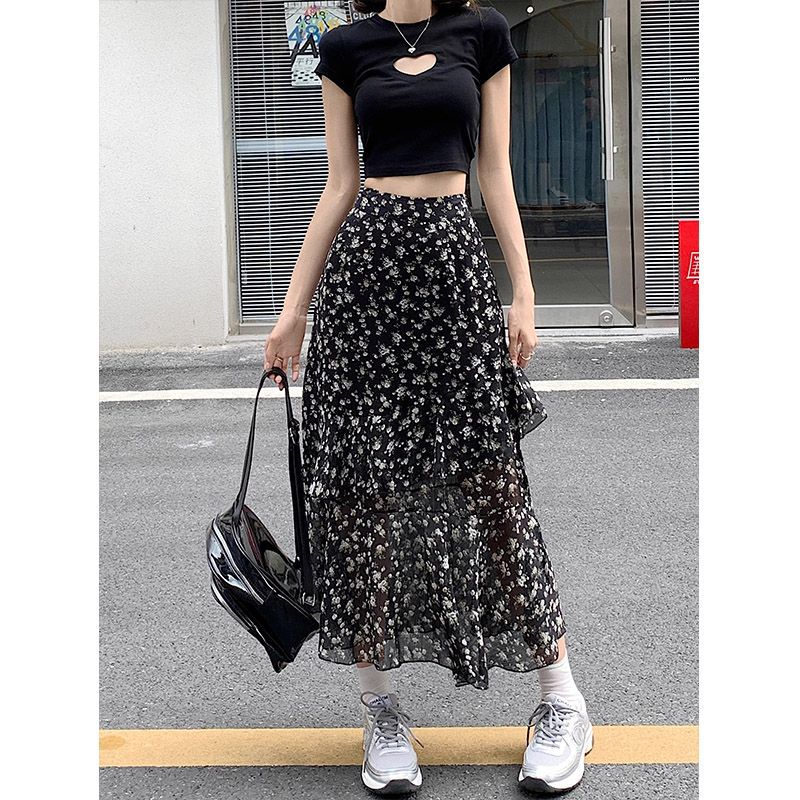 Chiffon Floral Leaf Hem Slit High Waist A-line Skirt Women Spring Summer New Loose Slim Fit Midi Dress
