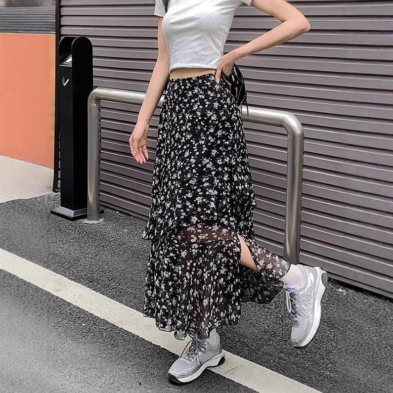 Chiffon Floral Leaf Hem Slit High Waist A-line Skirt Women Spring Summer New Loose Slim Fit Midi Dress