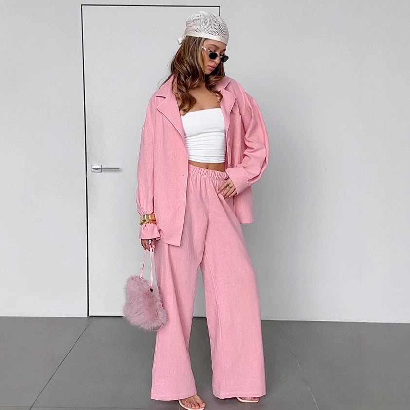 Casual Pink Bamboo Cotton Set Loose Shirt and Long Pants Two-Piece Women's Suit