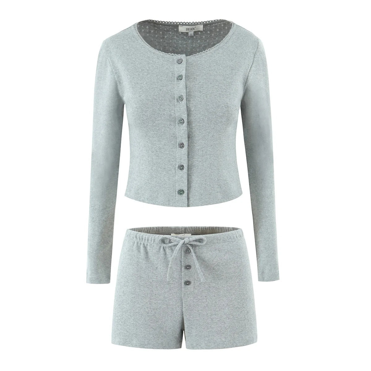 Round neck slim fit jacquard knitted top T-shirt+solid color elastic waist shorts two-piece set