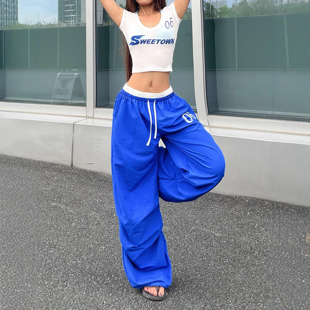 Sweet and Spicy Style Casual Three-Piece Set Lightweight Transparent T-Shirt + Color-Block Elastic Waist Loose Long Pants
