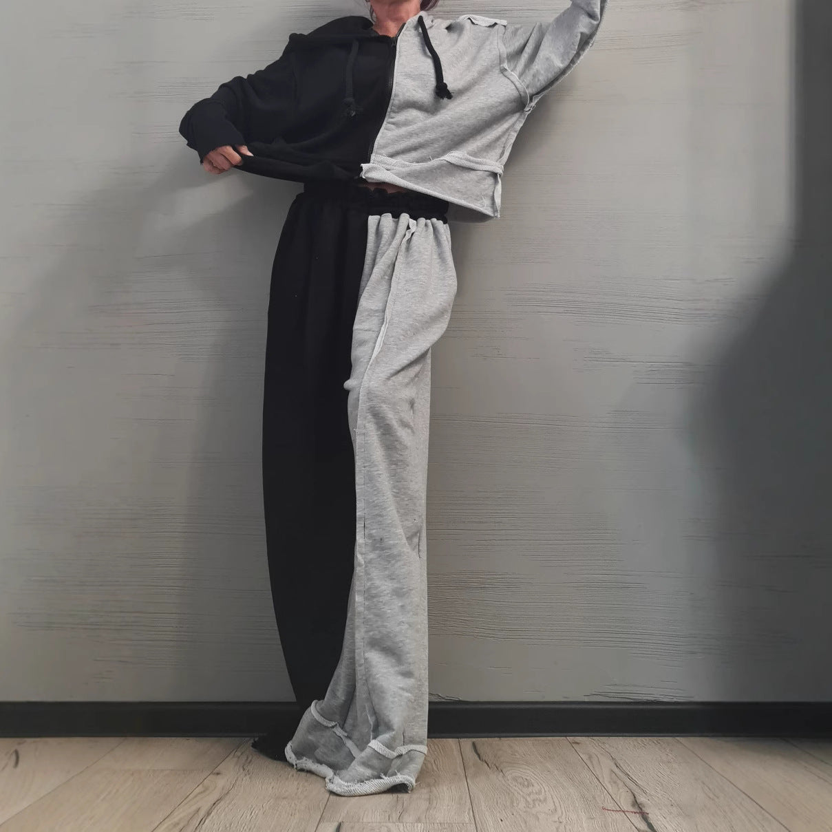 Loose long sleeved sweatshirt zipper jacket camouflage splicing casual pants set