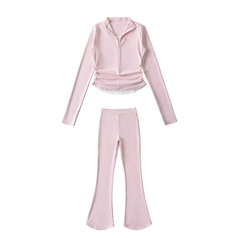Fake two and a half zipper pleated tops+low waisted horseshoe micro flared pants