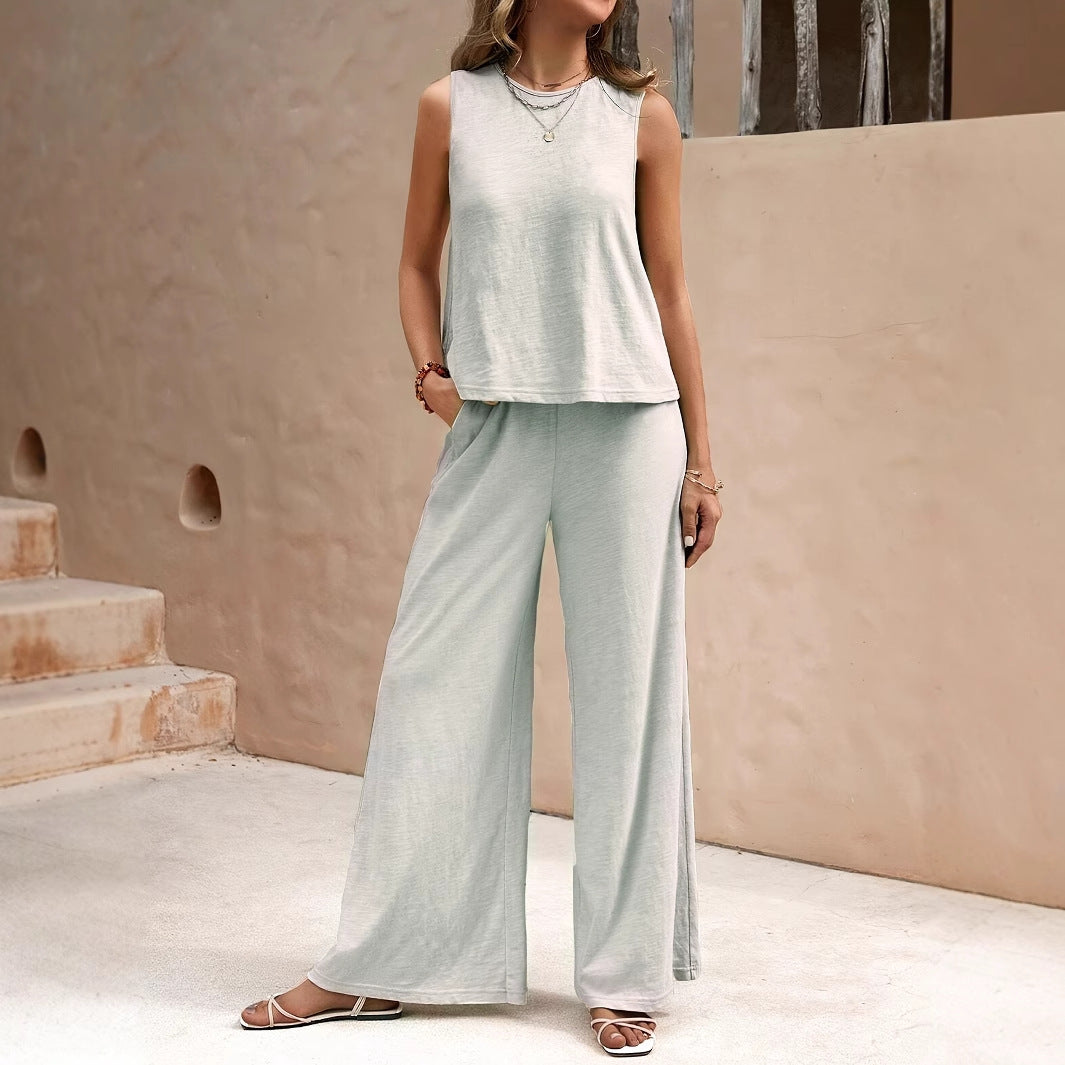 Women's Pure Color Tank and Casual Wide-leg Pants Two-piece Set