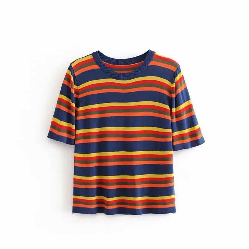 Colorful Striped Round Neck Short Sleeve Knit T-Shirt