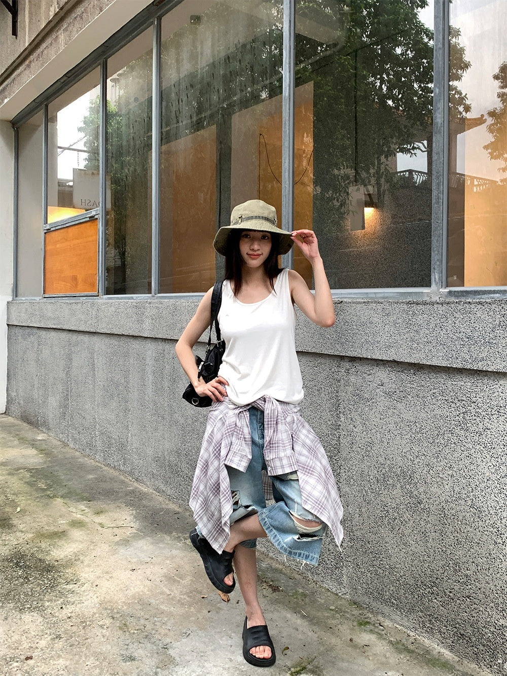 Vintage Plaid Long Sleeve Shirt + Inner Vest Stylish Top Two-Piece Set