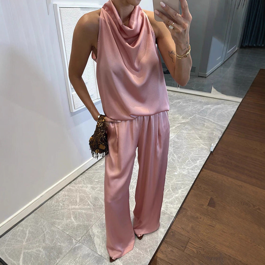 Elegant Sleeveless Long Pants Satin Set Women's Loose Two-Piece Suit for Spring and Summer Casual Vacation