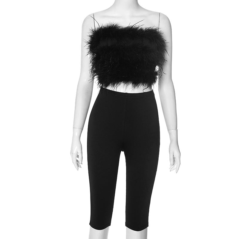 Hairy strapless crop top tight fitting seven quarter pants two-piece set