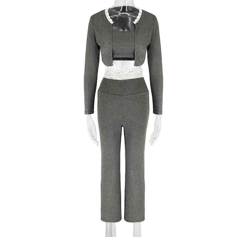 Hollow Knit Lace Trim Cardigan Slim Long Sleeve Trousers 3-Piece Set for Women