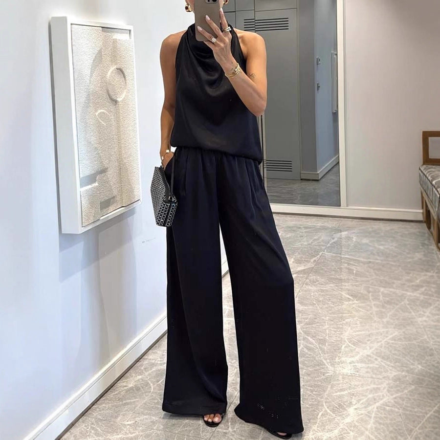 Elegant Sleeveless Long Pants Satin Set Women's Loose Two-Piece Suit for Spring and Summer Casual Vacation