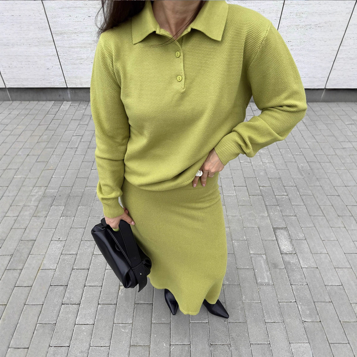 Solid Color Turn-down Collar Sweater Set Women's Loose Knit Polo Collar Sweater Wide-leg Pants Two-piece Set