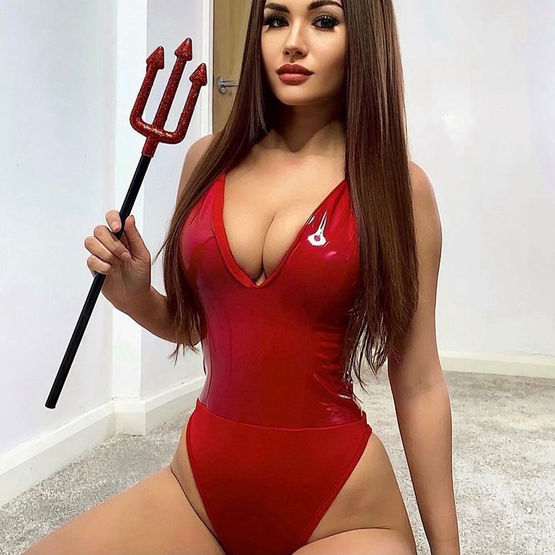 Deep V-back zipper PU splicing jumpsuit