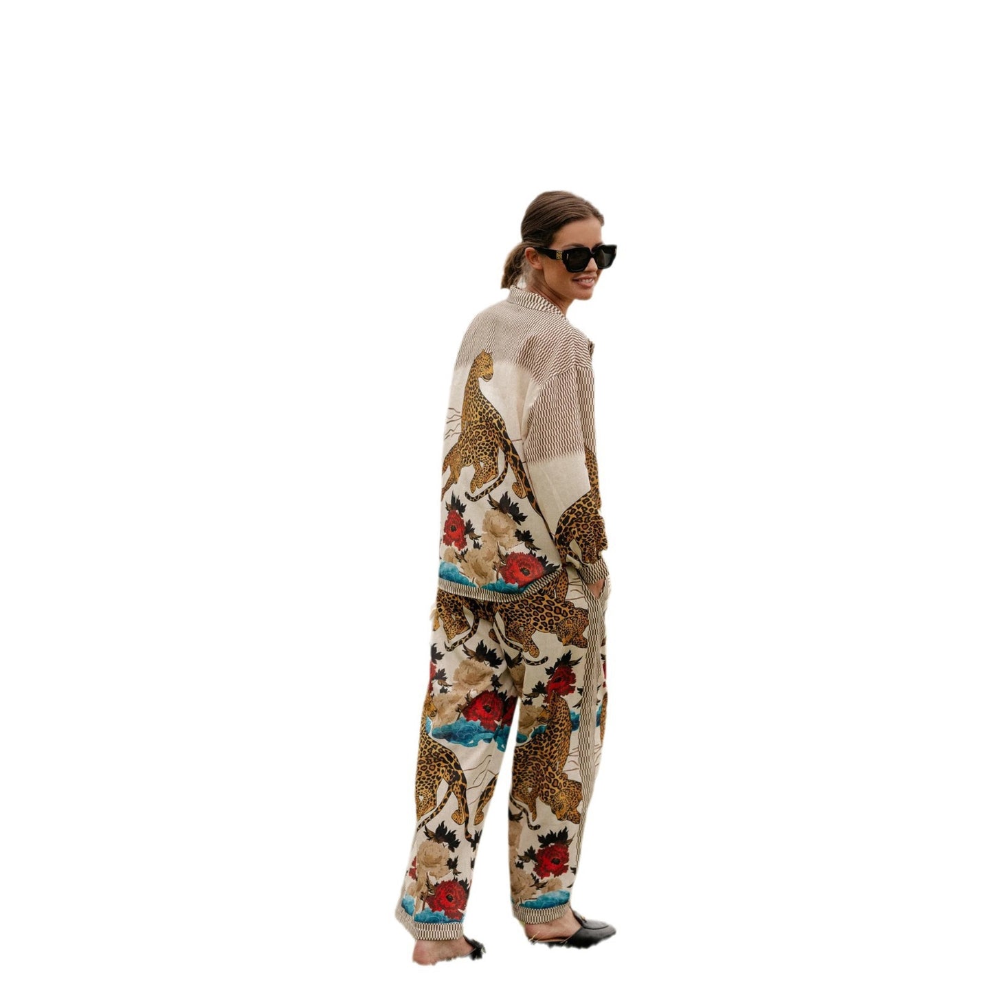 Long Sleeve Casual Vacation Two-Piece Set INS Loose Printed Pocket Practical Suit