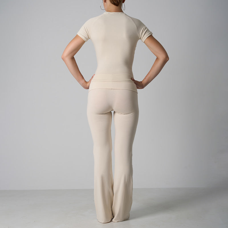 Classic Cotton Jersey Set -Casual Yoga Flare Pants with Short Sleeve