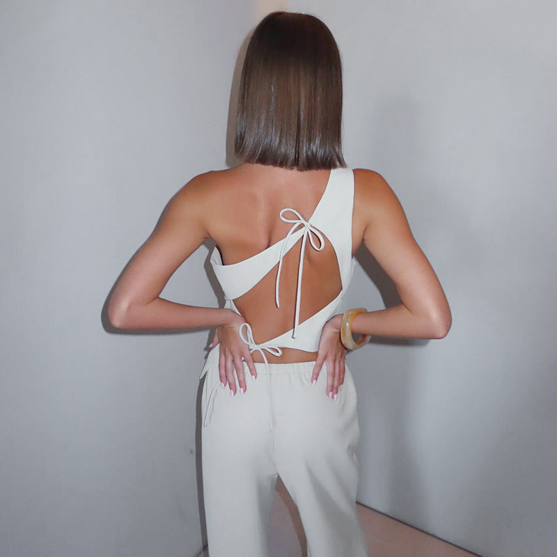 Solid color sleeveless sloping shoulder back hollow strap vest and pants set