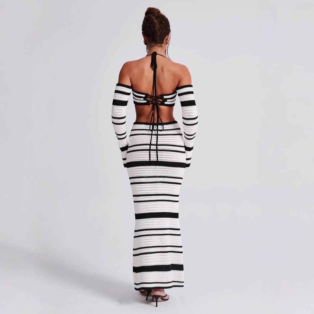 Women's Suit Summer Striped Long Sleeve Halter Top and Skirt Two-Piece Set