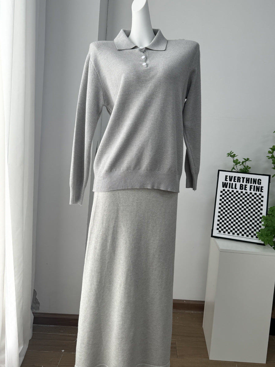 Solid Color Turn-down Collar Sweater Set Women's Loose Knit Polo Collar Sweater Wide-leg Pants Two-piece Set