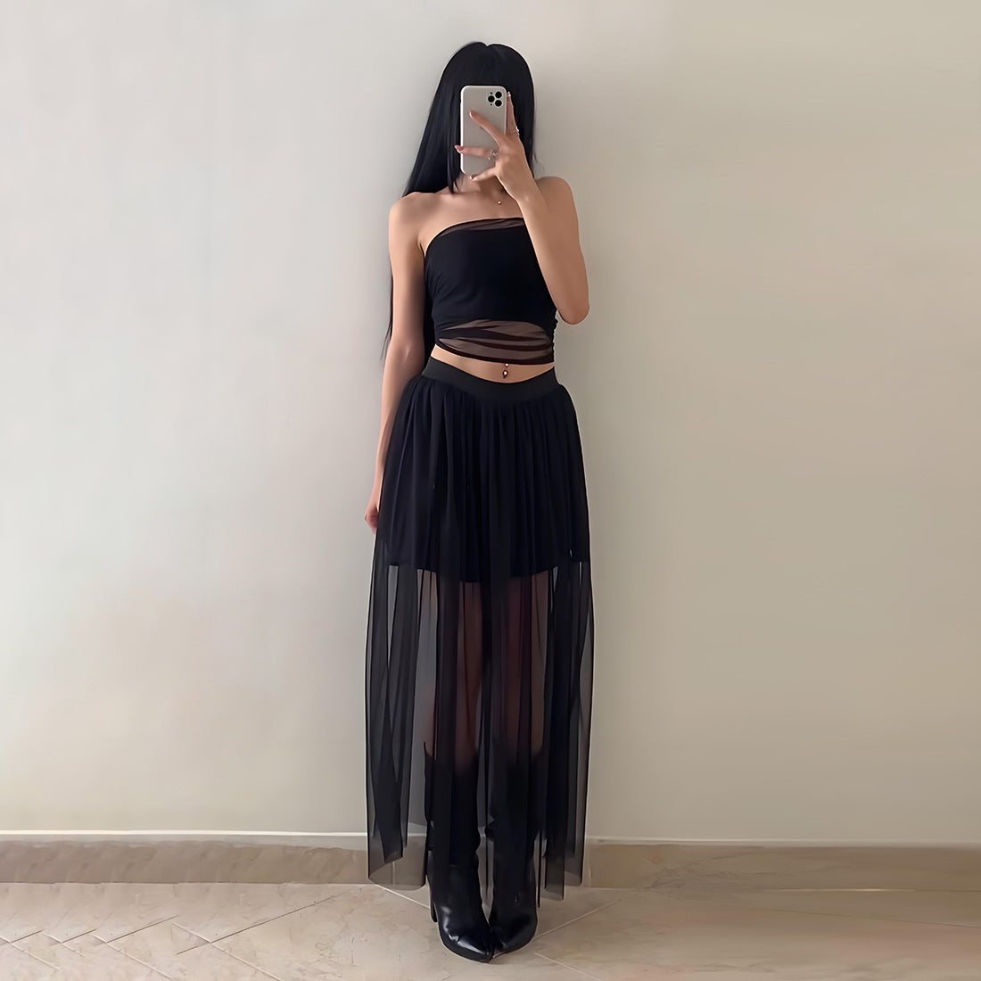 Solid color waist strapless top high waisted mesh skirt set for women