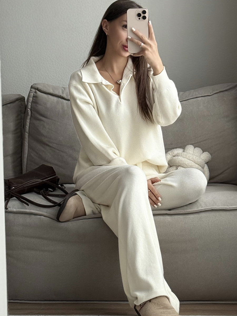 Solid Color Turn-down Collar Sweater Set Women's Loose Knit Polo Collar Sweater Wide-leg Pants Two-piece Set