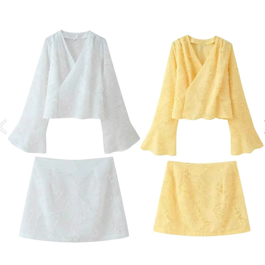Women's Clothing INS Embossed Long Sleeve V-neck Bodycon Mini Skirt Loose Top Set