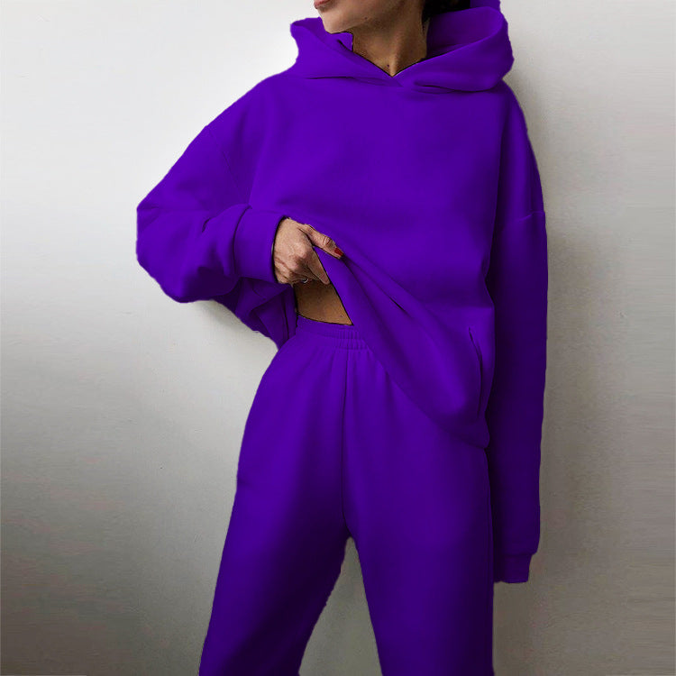 Women's Spring Hooded Set Solid Color Casual Sports Sweatshirt Set