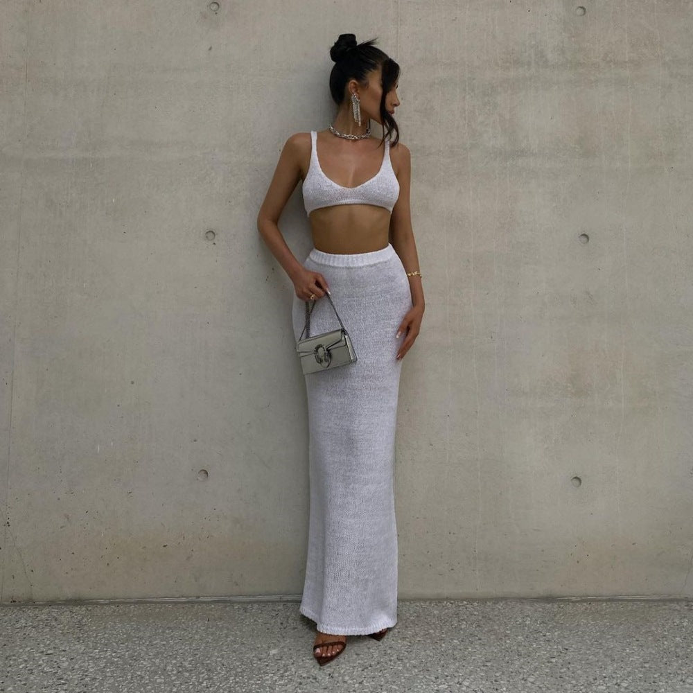Women's Strapless Wrap Solid Color Fitted Long Skirt Two-Piece Set