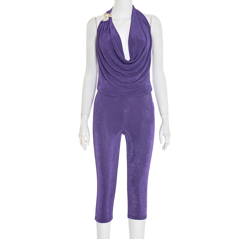 Hanging neck and swinging collar top with tight fitting casual pants two-piece set