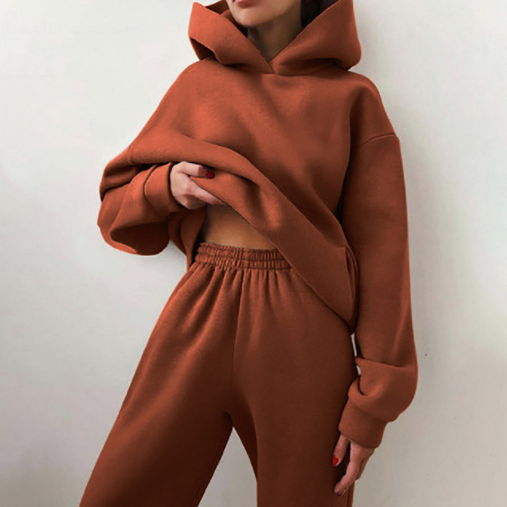 Women's Spring Hooded Set Solid Color Casual Sports Sweatshirt Set