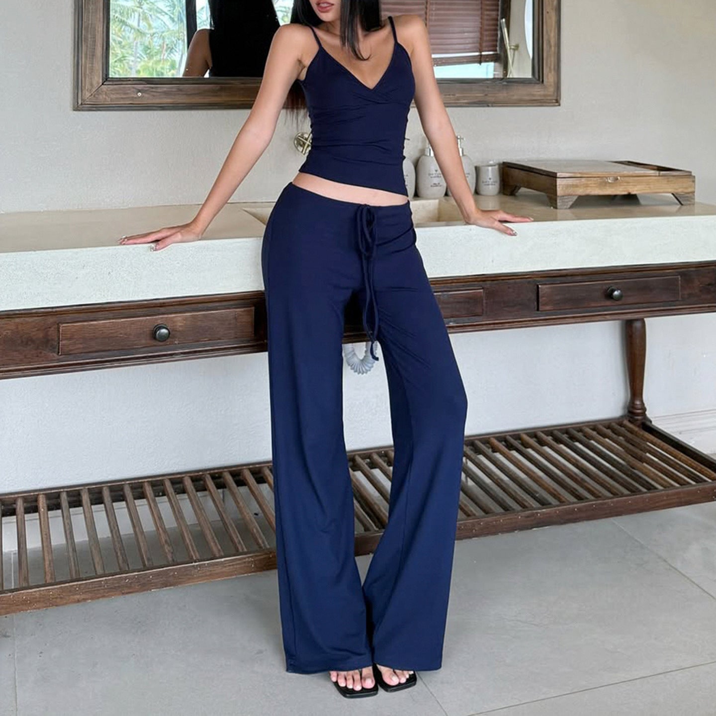 Deep V-Neck Strap Top + Loose Fitting Trousers