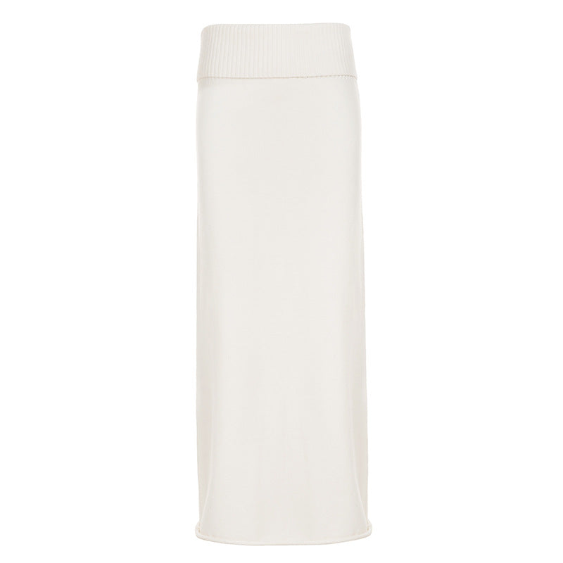 Sexy One-Shoulder Polar Fleece Long Sleeve Top and High-Waist Folded Waistband Versatile Skirt Two-Piece Set