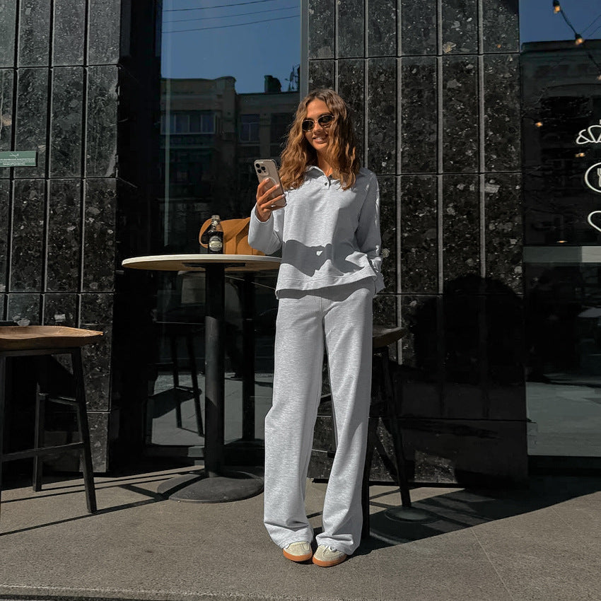 Hoodie Set Women's Polo Collar Long Sleeve Pants High-Grade Trendy Casual Two-Piece Set