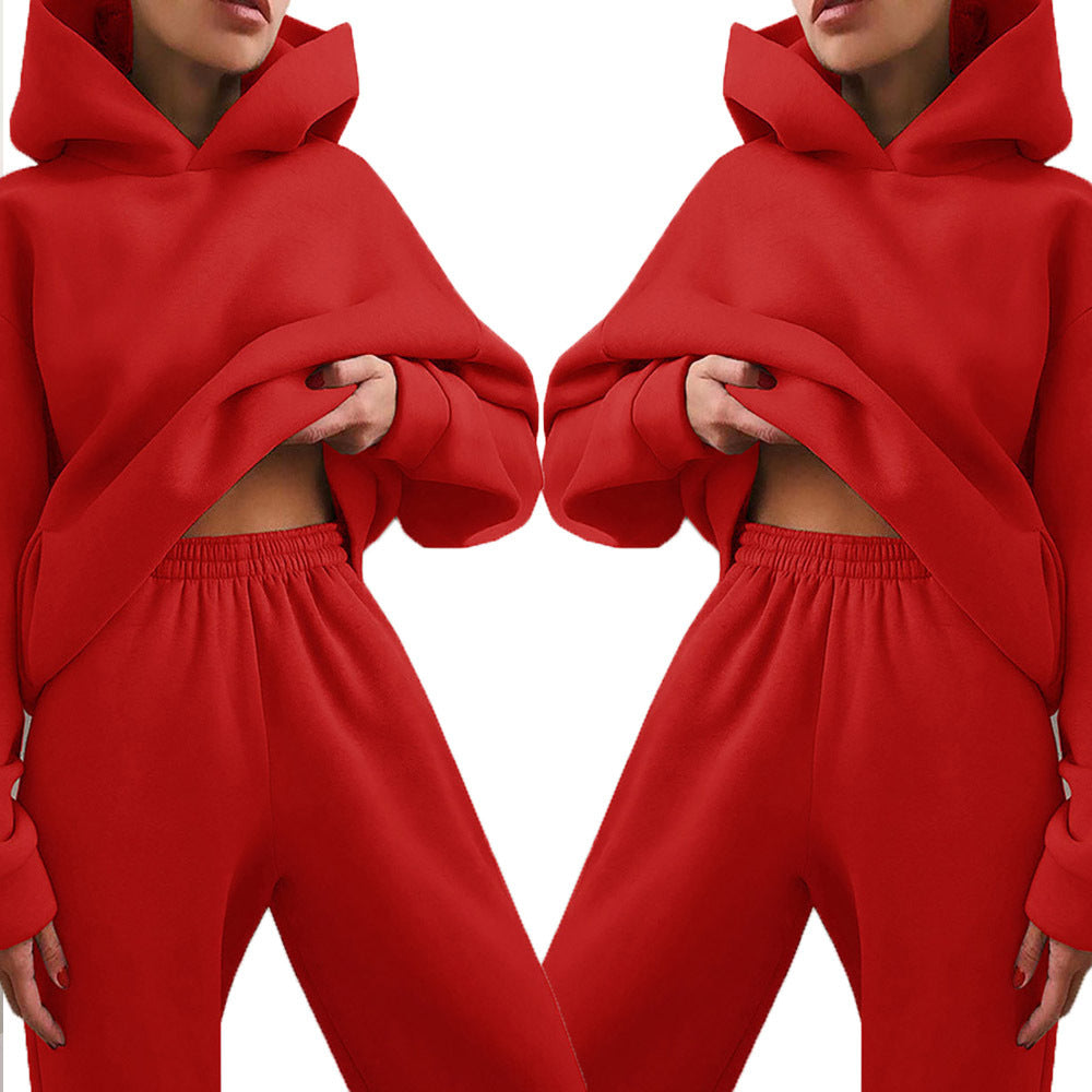 Women's Spring Hooded Set Solid Color Casual Sports Sweatshirt Set