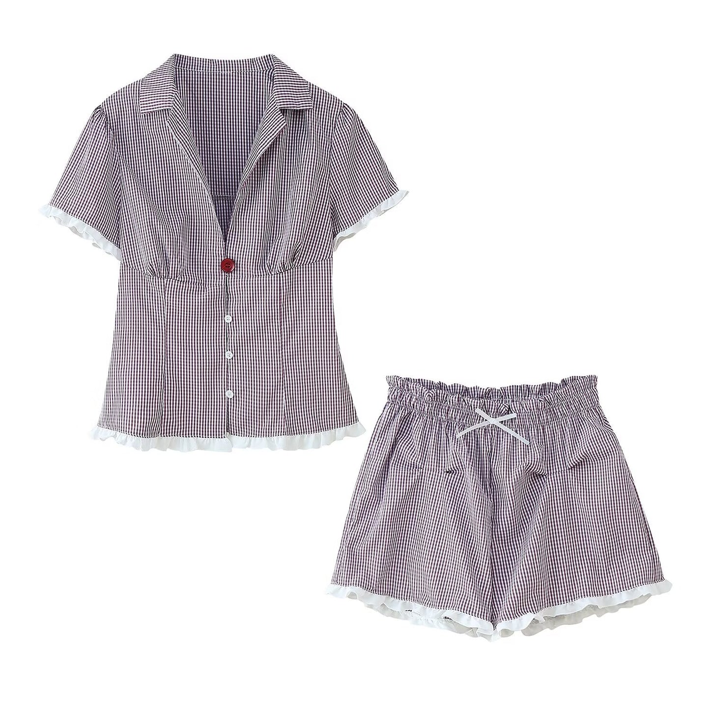 Vintage Plaid Shirt with White Lace Trim and Short Sleeve Shorts Set