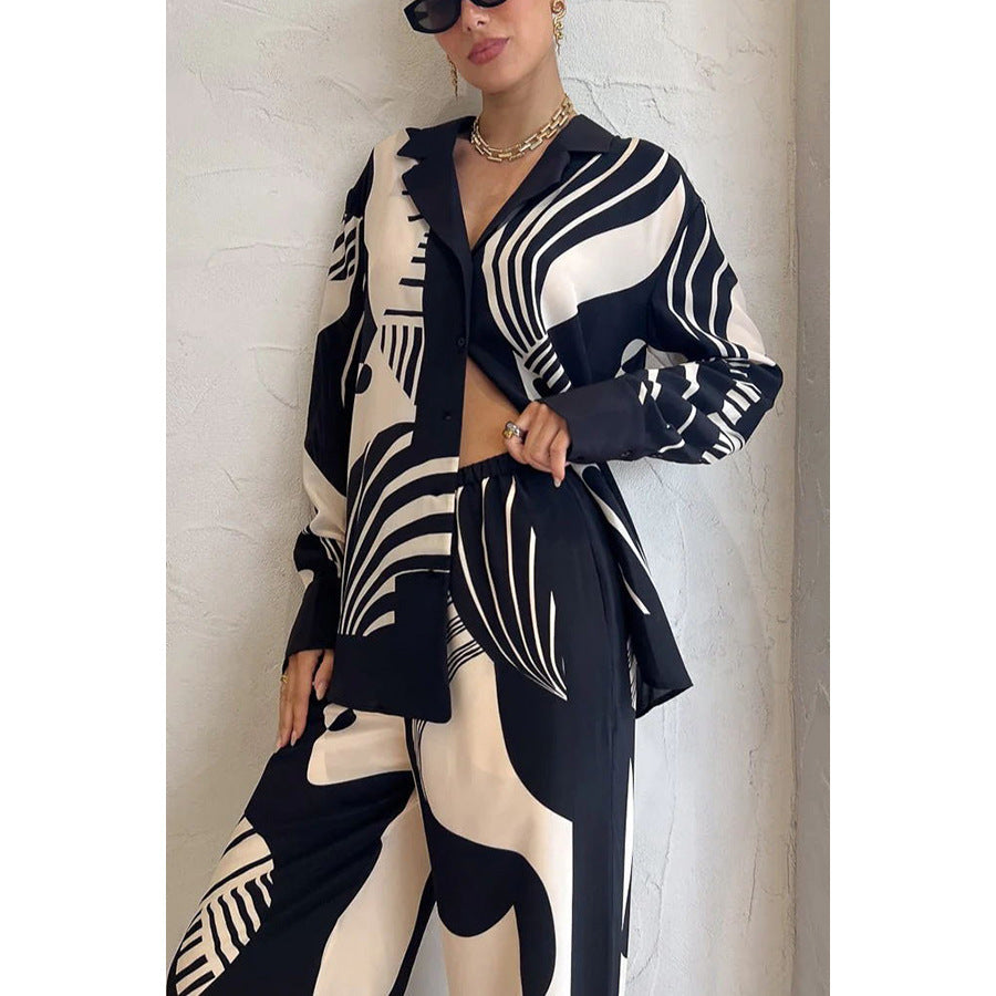 Autumn Winter New Turn-down Collar Casual Printed Long Sleeve Suit INS Loose Pocket Two-piece Set for Women