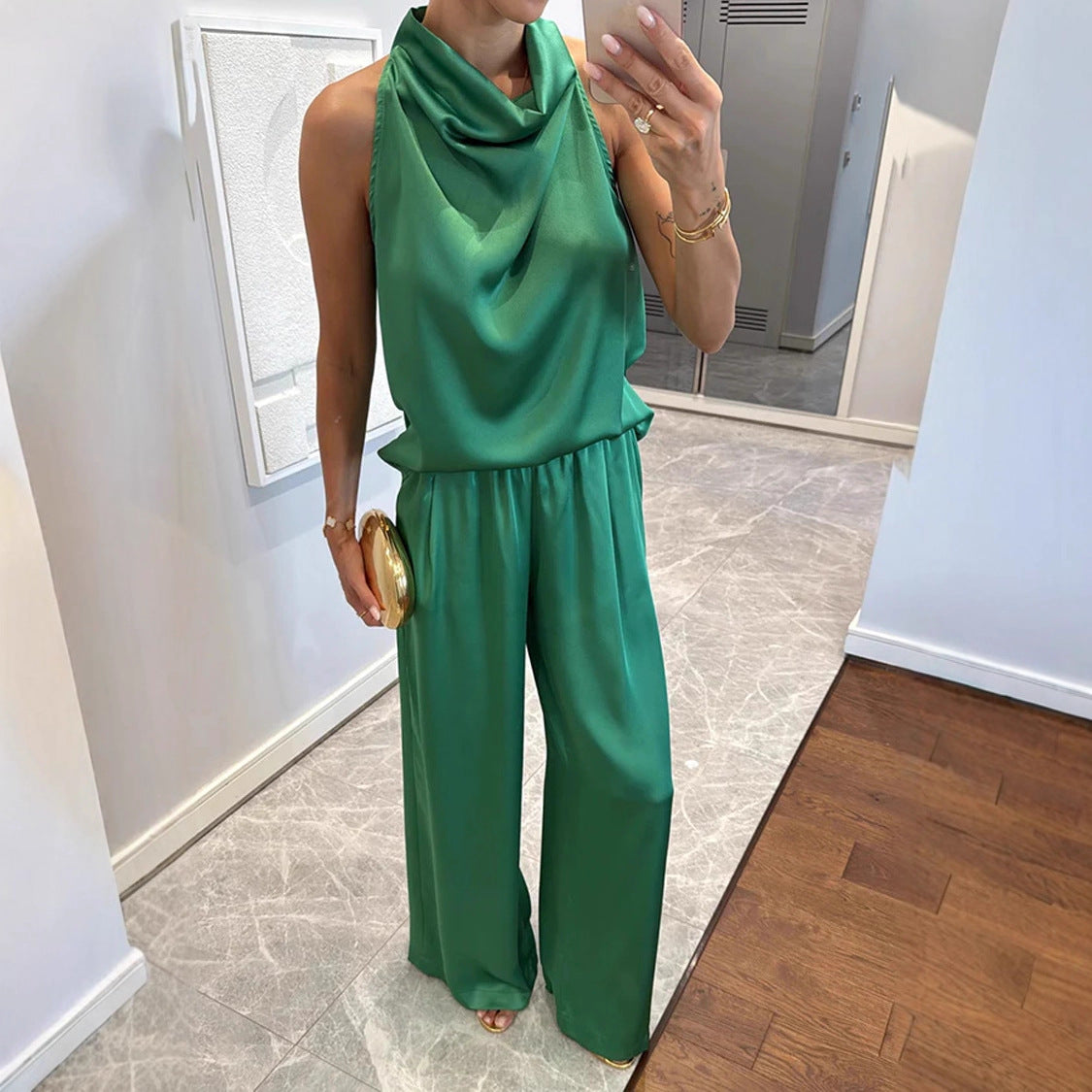 Elegant Sleeveless Long Pants Satin Set Women's Loose Two-Piece Suit for Spring and Summer Casual Vacation