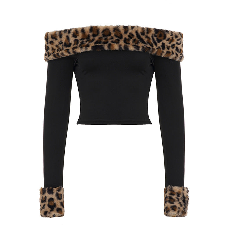Women's Leopard Print Fuzzy Low Waist Pants One Shoulder Tight Long Sleeve T-Shirt Casual Suit